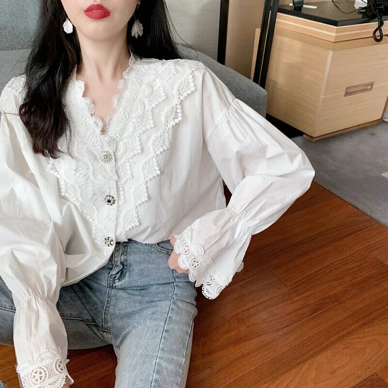 Blusas de algodão branco manga longa camisa harajuku oco para fora solta blusas mujer de moda 2021 verano primavera blusa camisa 238e