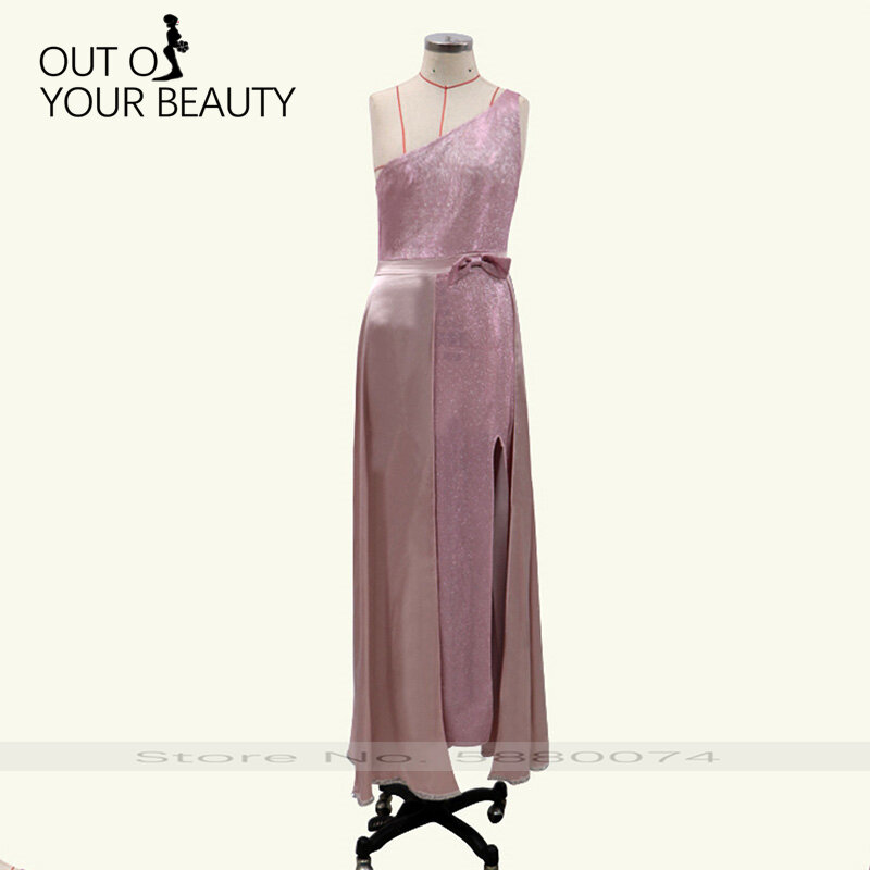 2020 새로운 우아한 이브닝 드레스 핑크 한 어깨 높은 허리와 활 비대칭 Splicing 슬림 슬릿 간단한 파티 드레스