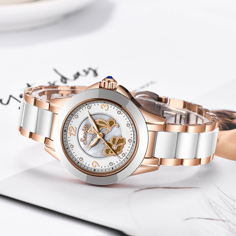 Sunkta, relógios de luxo de cristal, relógios de pulso para mulheres à prova d'água, ouro rosa, pulseira de aço, relógios de marca superior para mulheres