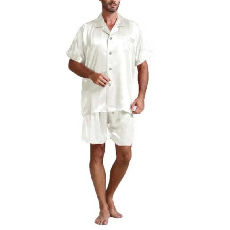ผู้ชายแฟชั่นฤดูร้อน2Pcs ชุดนอนชุดซาตินผ้าไหมแขนสั้น Sleepwear เสื้อ + กางเกง