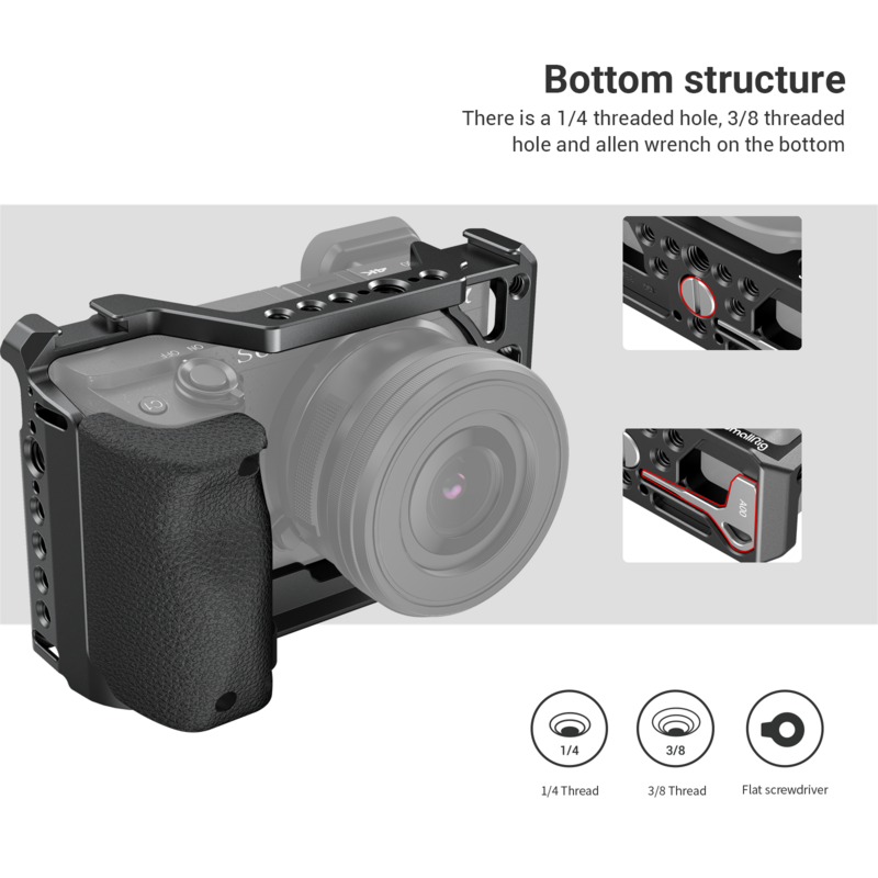 Gaiola de câmera DSLR com punho de silicone, alça e sapato frio para Sony A6100, A6300, A6400 Camera 3164, Novo