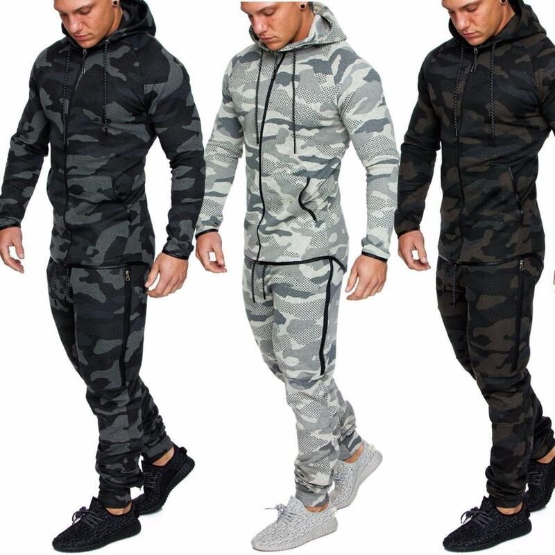 Nuovo vestito casuale degli uomini di modo camouflage sport fitness cotone della chiusura lampo del cardigan con cappuccio vestito di sport all'aria aperta maschio 2 pezzi set