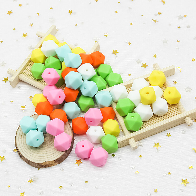 Nette-Idee 100 stücke Silikon Hexagon Perlen 14MM Baby Zahnen Kautable Spielzeug Geschenke DIY Pflege Schnuller Kette Zubehör BPA FREI