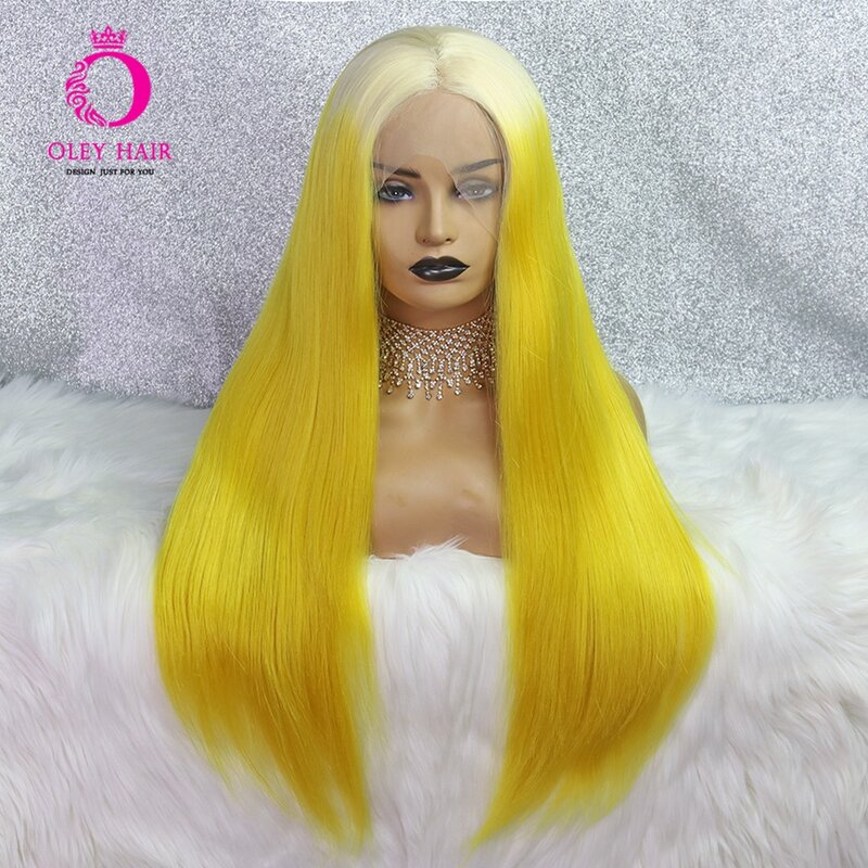 Длинный прямой желтый парик OLEY, синтетический парик на сетке спереди, парик со светлыми корнями, высокотемпературное волокно, искусственные/парики для косплея для женщин