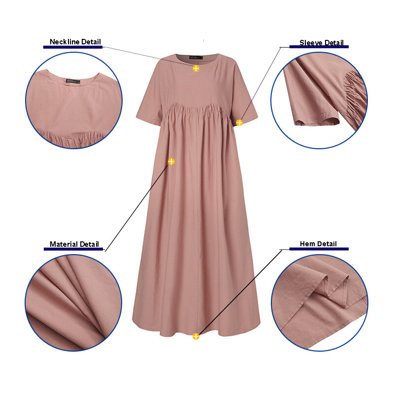 Gaun Musim Panas Wanita ZANZEA 2023 Gaun Maxi Berlipat Kaftan Kasual Setengah Lengan Panjang Vestidos Jubah Kerah O Wanita