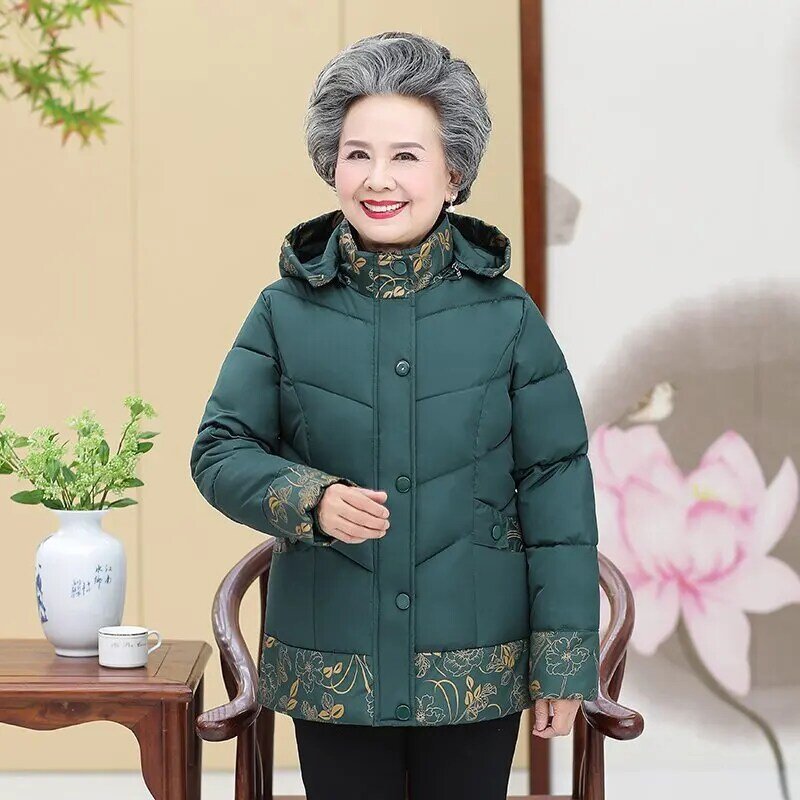 Zimowa bawełniana kurtka w średnim wieku starsze kobiety bawełniany płaszcz zimowy odzież dla matek nadruk gruba watowana kurtka plus size