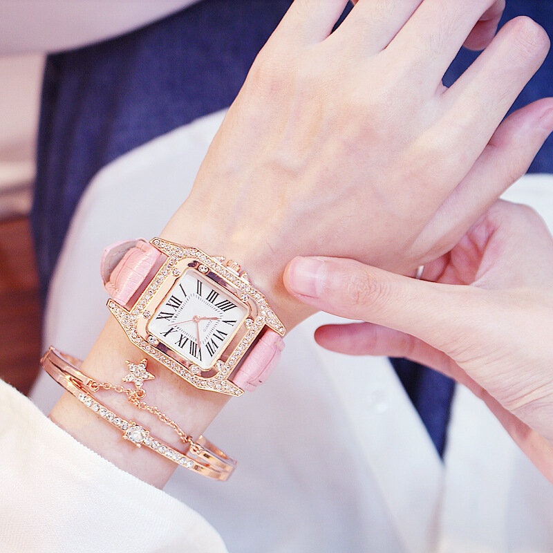 Diamond Starry Watch Set para mulheres, mostrador quadrado, pulseira de couro, relógio de pulso de quartzo, relógio feminino, pulseira