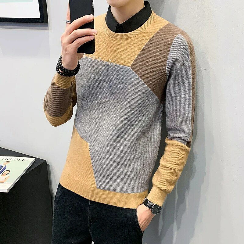 Autumn Winter  Style Holiday Two Knitted Sweaters Personality Lapel Splicing Business Leisure Sweater Pullover Sweater Men Wear