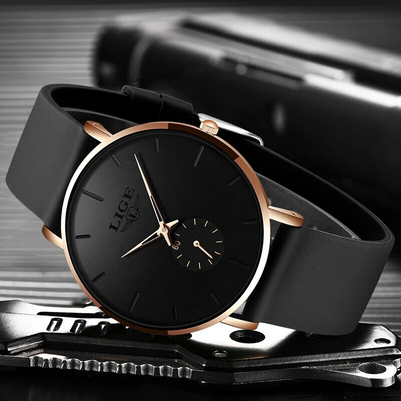 Часы наручные LIGE Мужские кварцевые, модные роскошные спортивные водонепроницаемые простые ультратонкие в коробке