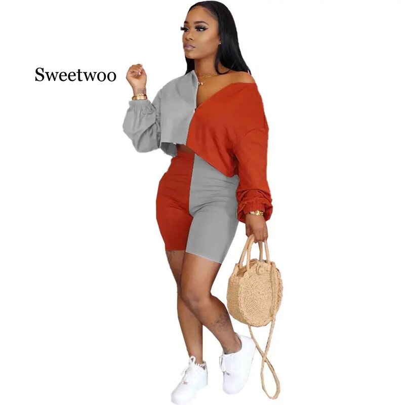 Color Patchwork Women Fitness Tracksuit Long Sleeve Zipper Off Shoulder Crop Top +Shorts Home Suit Two Piece Set Plus Size S-3XL