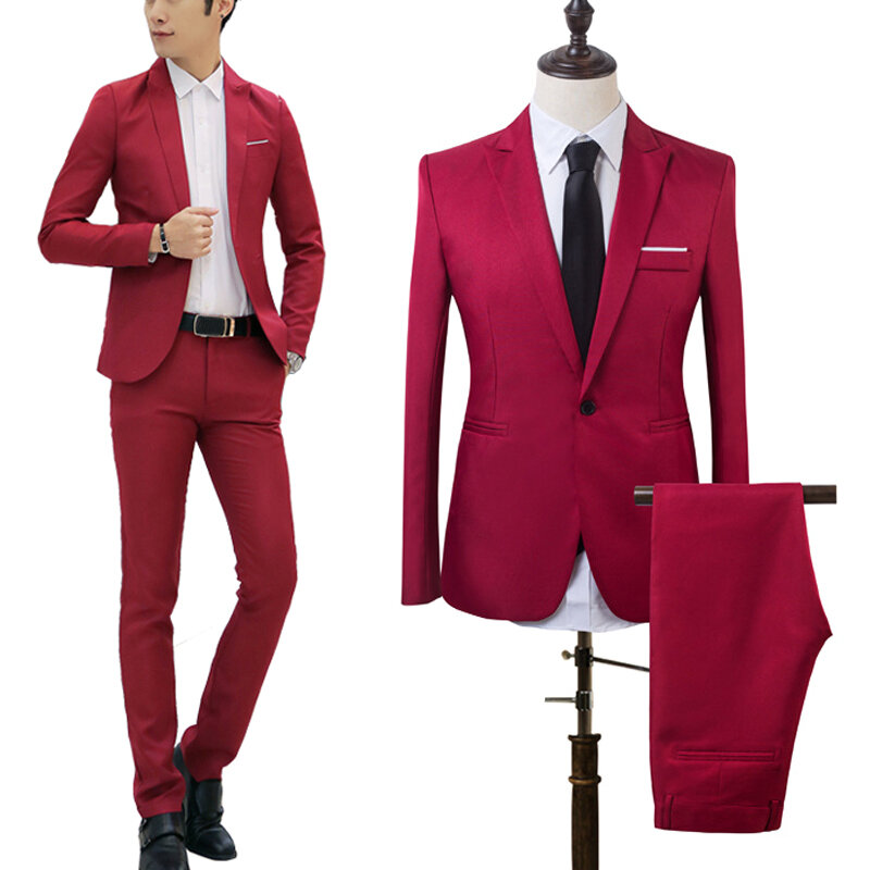 2 PCS Smoking Suit Coat Pantaloni Uomo Slim Fit Business Formale Del Partito di Promenade di Cerimonia Nuziale di Affari di Usura del Lavoro Vestiti (Jacket + pantaloni) d88