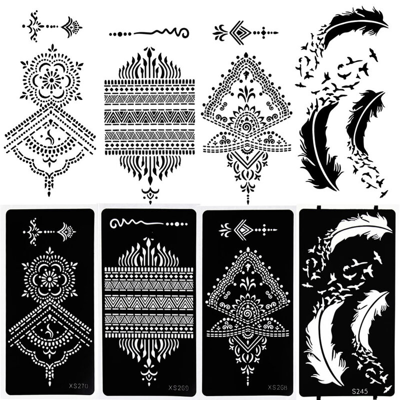 Stensil Henna Profesional Templat Stiker Seni Tubuh Tato Tangan Sementara Alat Pernikahan Stensil Tato Bunga India