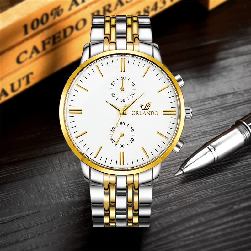 العلامة التجارية الجديدة الرجال ساعة أورلاندو موضة ساعة كوارتز فضية الذهب الفولاذ المقاوم للصدأ ساعة رجالي ساعات رجالي كوارتز ساعة horloge mannen