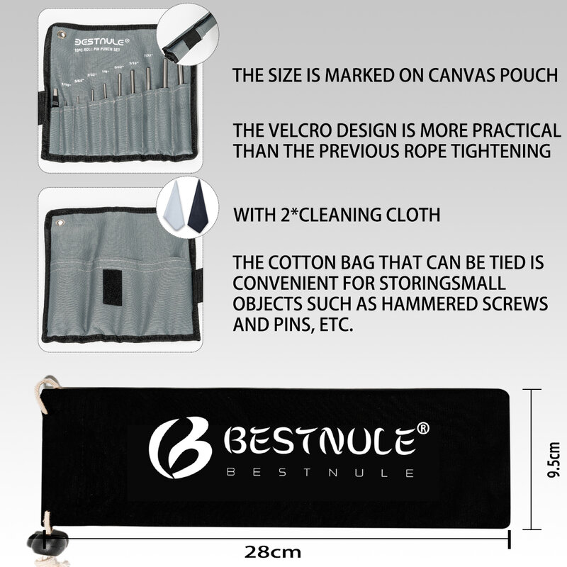 BESTNULE-Ensemble de poinçons à goupilles en rouleau, outils de poinçonnage d'armurerie, fabriqué en matériau solide avec sac en toile, 10 pièces