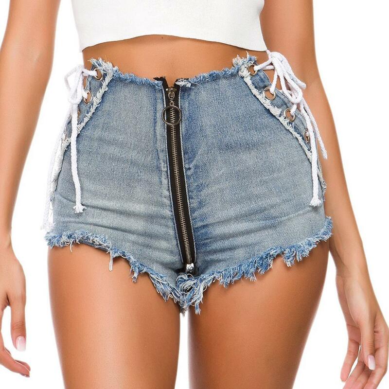 Shorts jeans feminino sexy com laço lateral, calção curto com zíper cintura alta casual para praia e férias