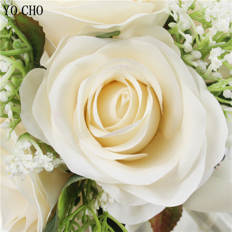 YO CHO Bridesmaid Bridal Bouquet Artificial Roses White Silk Flowers Wedding Bouquet Girl Bouquet Wedding Accessories Home Decor