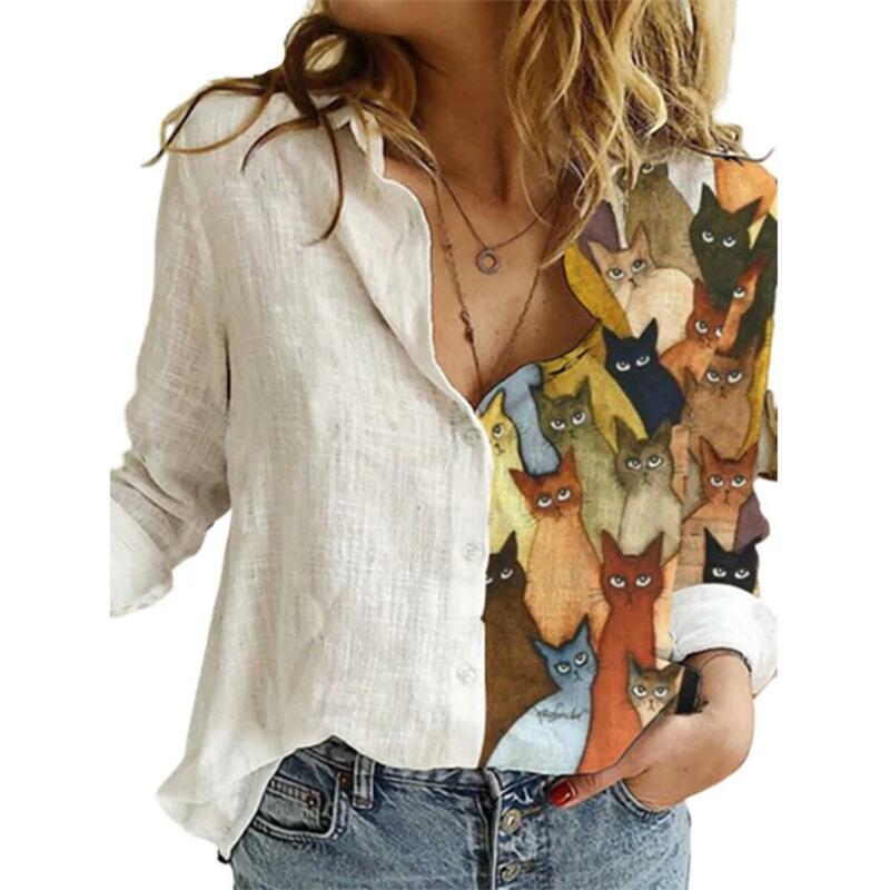 Moda donna camicetta bottoni manica lunga girasole gatti Patchwork camicette ufficio camicia abbigliamento femminile рубашка женская