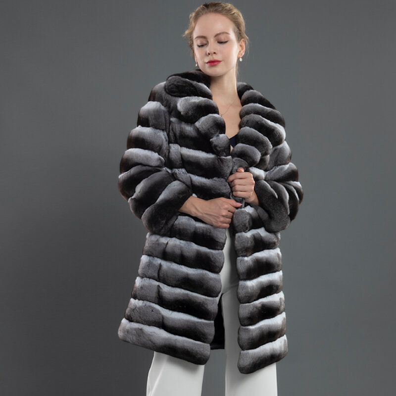 Delizioso cappotto di pelliccia donna giacca di pelliccia di coniglio Rex naturale capispalla invernale abito di moda colletto soprabito lungo 85 cm