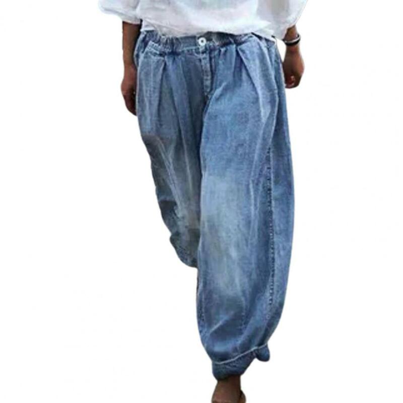 Женские брюки с широкими штанинами, джинсовые брюки с высокой талией и карманами
