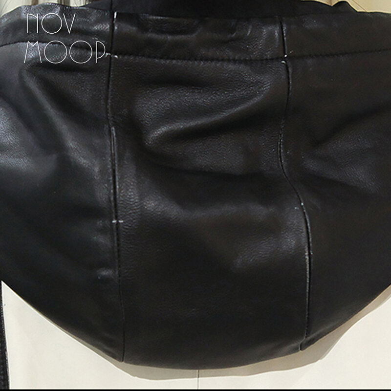 Novmoop Gilet oversize in vera pelle di montone stampato color block da donna Gilet stile pop con cappuccio en cuir LT3452