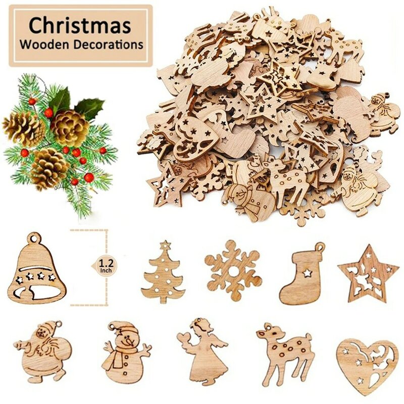 50/100PCS DIY NaturalWooden Chip Weihnachten Baum Hängen Ornamente Anhänger Kind Geschenke Schneemann Baum Form Weihnachten Ornamente Dekoration