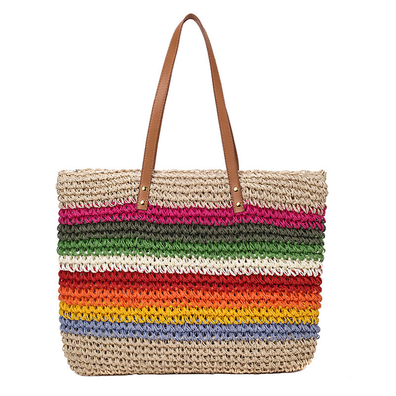 Bolso de mano de color arcoíris para mujer, bolso de playa tejido de ratán, hecho a mano, de paja, de gran capacidad, de cuero, bohemio