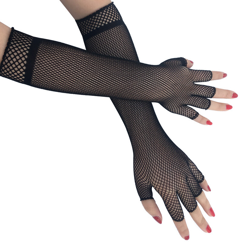 Перчатки женские сетчатые, пикантные ажурные перчатки по локоть с дырками, перчатки без пальцев, танцевальный костюм в стиле диско, панк, готические, перчатки-сетка
