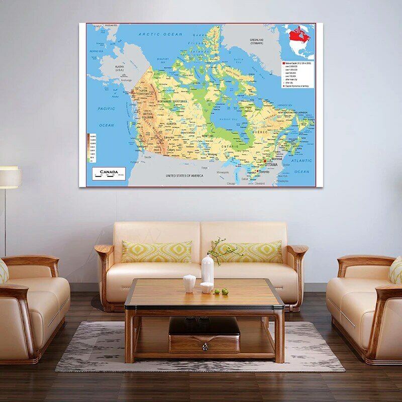 150*100cm The Canada Topographic Map In French Unframed Posters and Prints Wall Art Non-woven for Home Living Room Decoration
