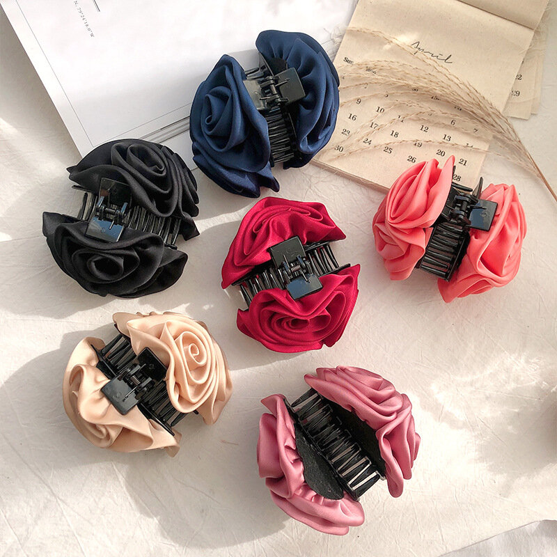 Floral Cloth Headwear Claw Hair Clip para Mulheres, Azul Marinho Preto Rosa Vermelho Castanho Claro, Resina Plástica Hairpin, Clamp Headwear