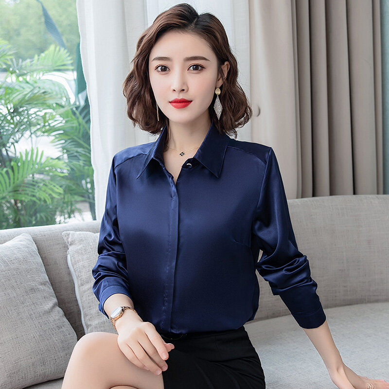Camisa elegante de oficina para mujer, Blusa de manga larga con solapa y botones ocultos, blusa básica brillante de seda satinada
