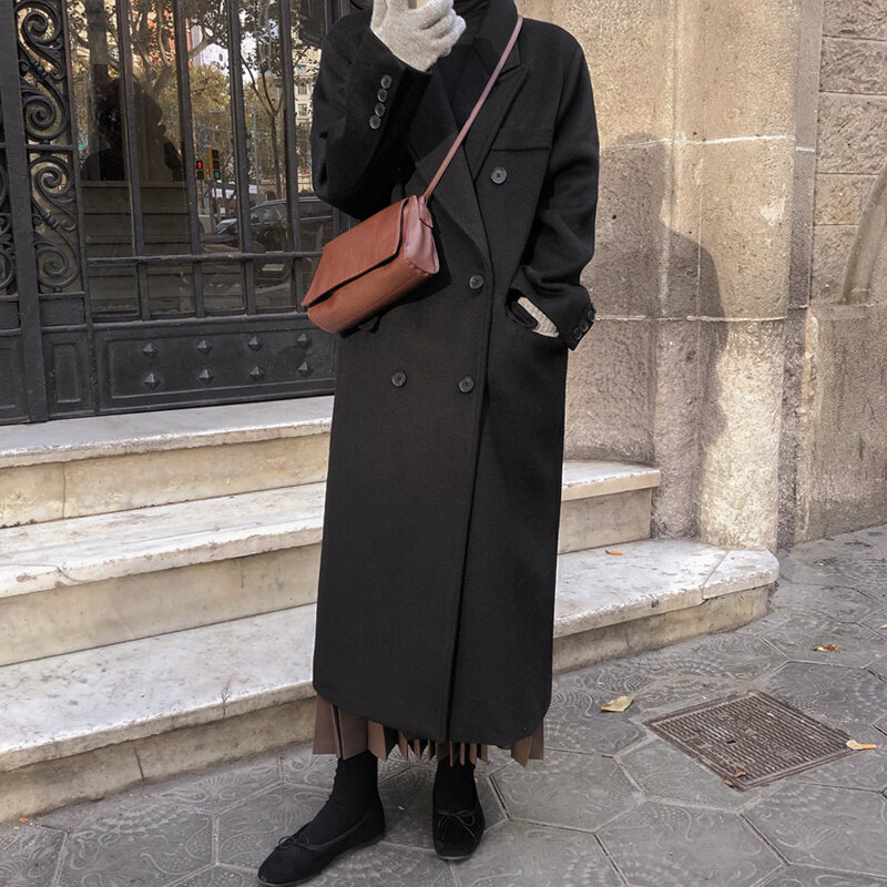 가을과 겨울 중간 긴 모직 코트 여성의 모직 코트는 얇은 순수 컬러 정장 칼라를 보여주기 위해 두껍게 무릎 위에