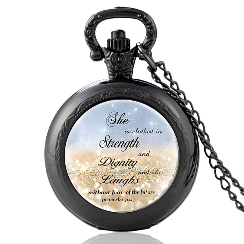 Bible Verse  Quote "She Is Clothed In Strength And "Vintage Quartz Pocket Watch Men Women Pendant Necklace Hours Clock Decorate