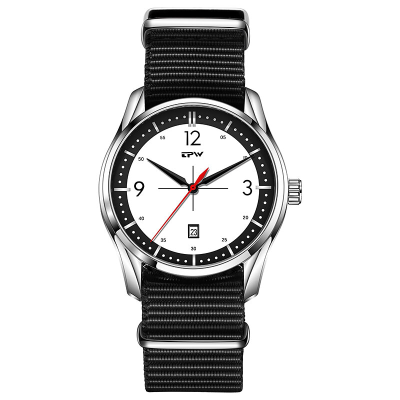 Tecido Strap Navy Watch, mostrador branco, calendário, movimento quartzo, data