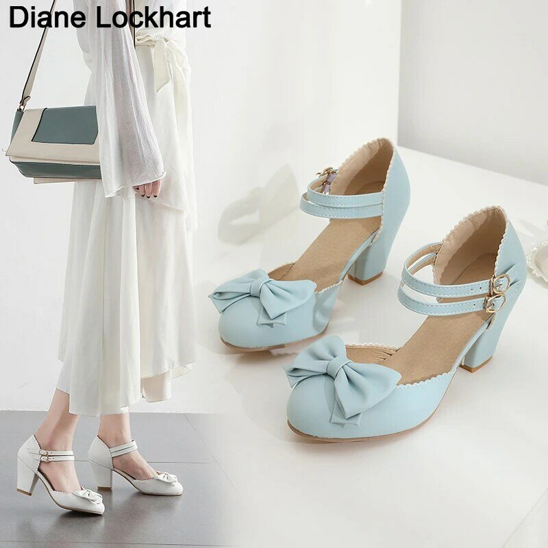 Zapatos de tacón alto con plataforma para mujer, zapatillas de princesa Mary Jane Lolita con lazo bonito, tacones de fiesta, tacones azules, 2021