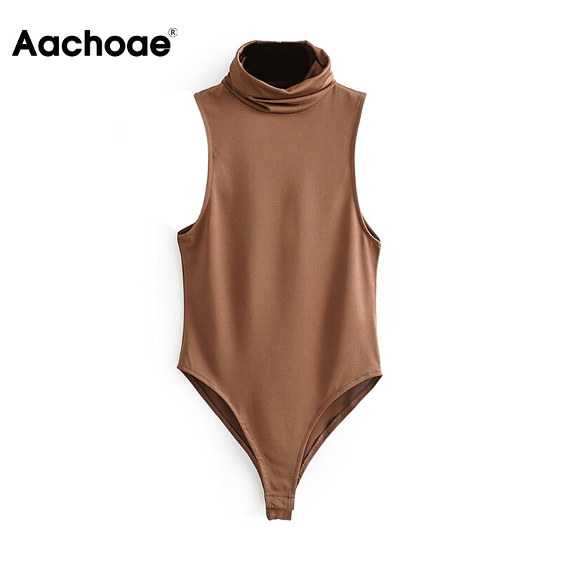 Aachoae Vrouwen Sexy Solid Bodysuit 2020 Lente Bodycon Basic Playsuit Vrouwelijke Coltrui Mouwloze Casual Elegant Jumpsuits