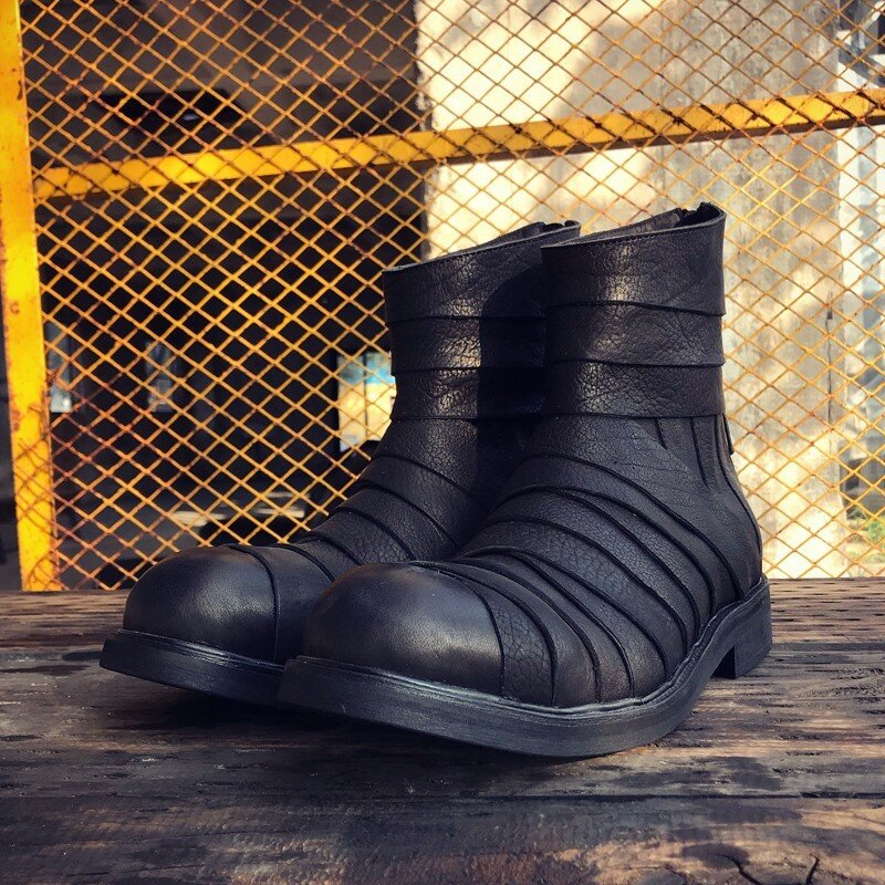 نمط Harajuku جلد فاسق حقيقية تقسم الرجال منتصف العجل الأحذية شخصية مصمم جديد جولة تو عودة زيبر زيادة الأحذية