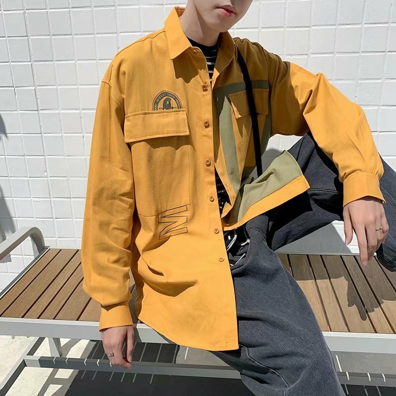 Ruffian und hübscher werkzeug Langarm-shirt männer Koreanische version lose und vielseitig spleißen personalisierte hemd BF mode