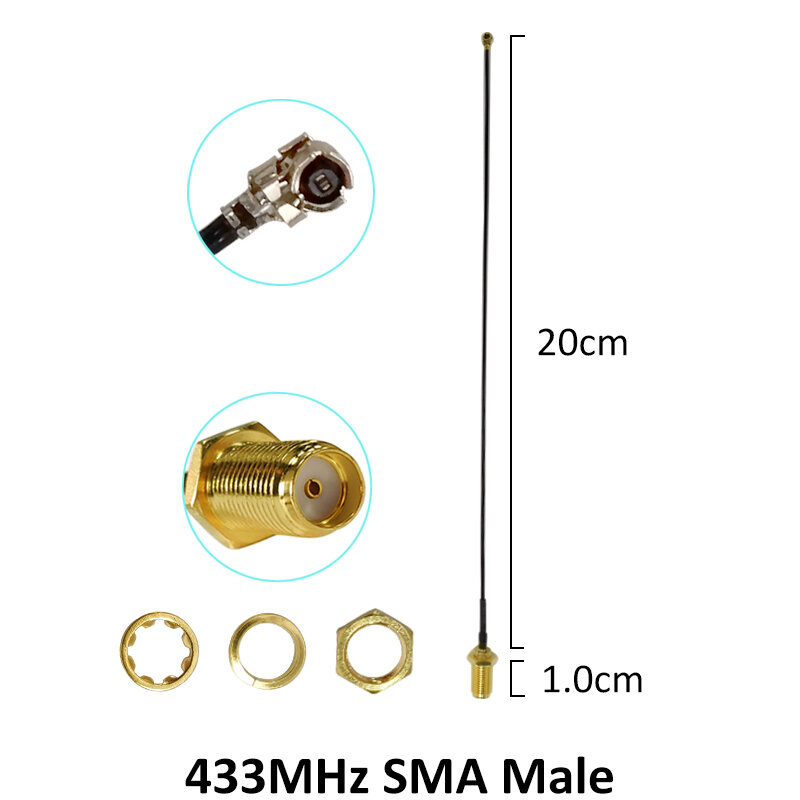 GRANDWISDOM-antena de 2 piezas, 433mhz, 2-3dbi, sma macho, lora, módulo iot, lorawan, ipex, 1 SMA, Cable de extensión hembra pigtail