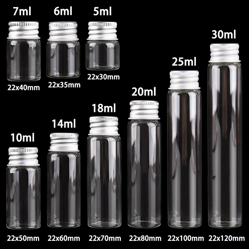 10 pezzi 5ml/6ml/7ml/10ml/14ml/18ml/20ml/25ml/30ml bottiglie di vetro con coperchi in alluminio piccoli Mini vasetti di vetro 9 formati U-pick