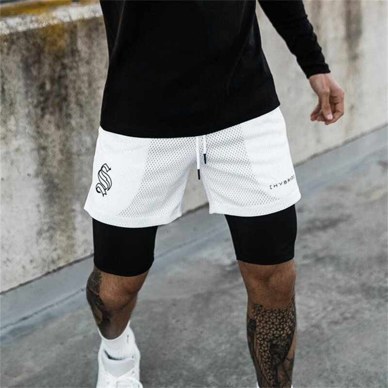 Pantalones cortos de doble capa para hombre, Bermudas de secado rápido con bolsillo incorporado, 2 en 1, para gimnasio y playa