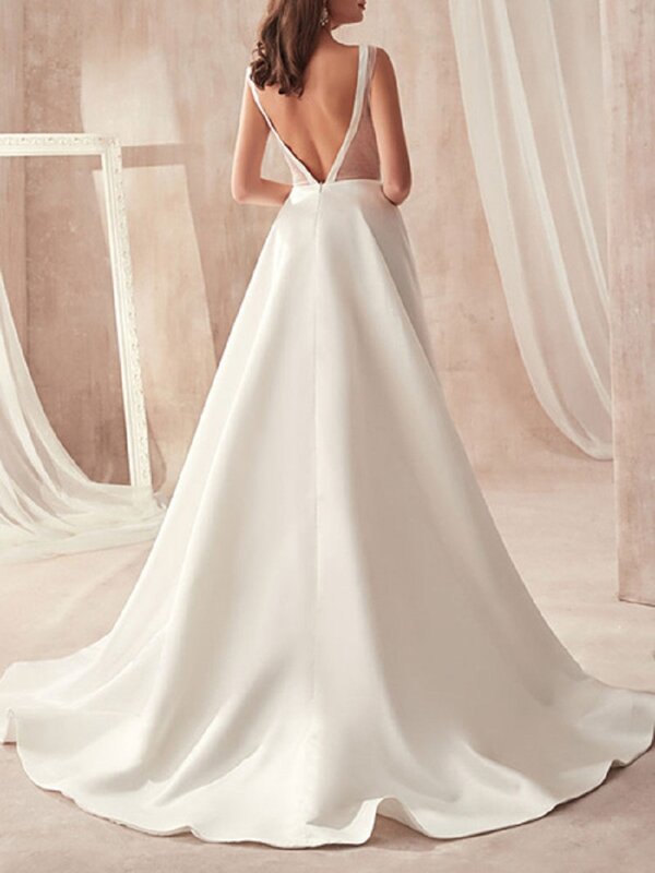 V-Neck recorte lado aberto volta vestido de casamento com bolso, Vestido de noiva cetim, Design famoso, Novo, 2023