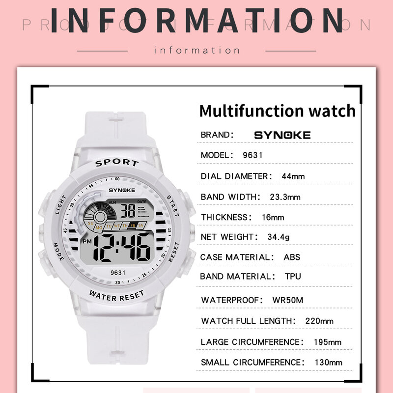 SYNOKE Kids Watch Waterproof Luminous LED Alarm Clock Pink Children Wristwatch Sports Multifunctional Students Watches Relojes