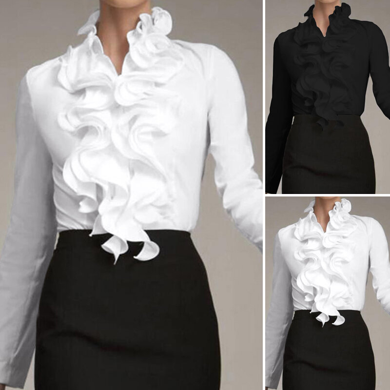 ZANZEA Büro Frauen Bluse Rüschen Tops Casual Frühling Langarm Weiß Blusen Elegante Volant Blusa Weibliche OL Arbeit Hemd Chic7