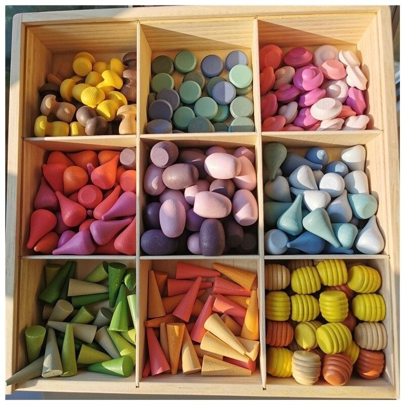 Bloques de madera de arcoíris para niños, piezas sueltas, juguete de setas, rompecabezas de gotitas de madera Montessori