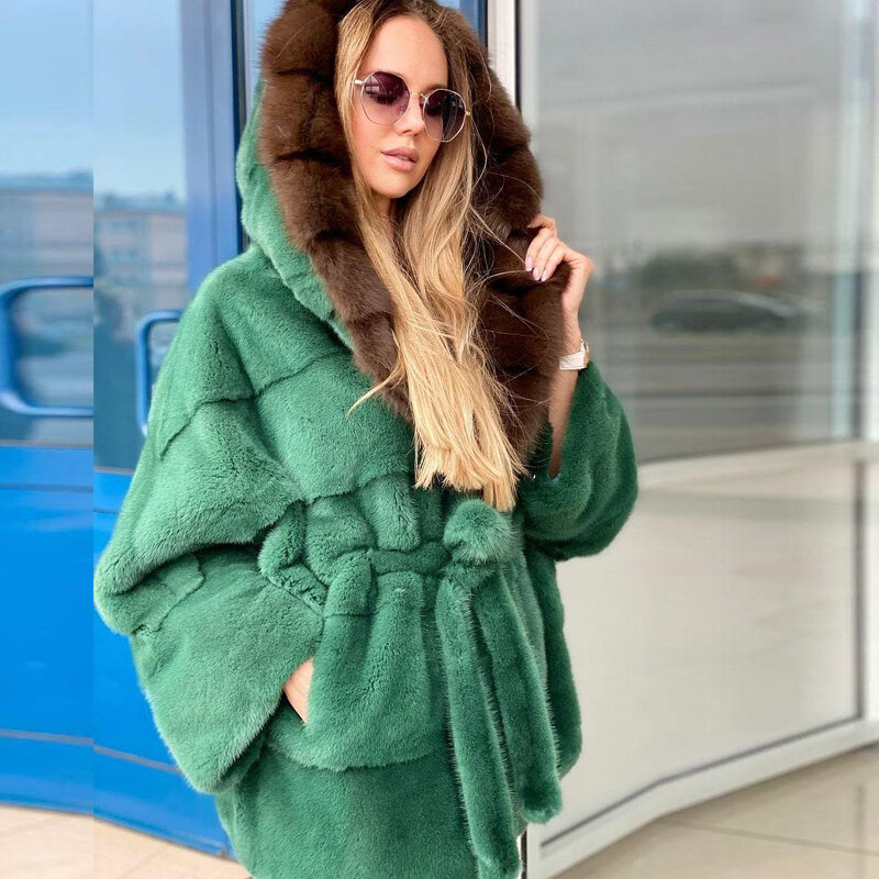 BFFUR 2022 damski płaszcz z prawdziwego futra moda zimowa skóra naturalne futro z norek średniej długości kołnierz z futra lisa norek futrzane płaszcze