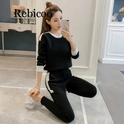 Fashion Patchwork Tracksuit Women Long Sleeve Pullover Sweater + Casual Full Length Korean Female Knitted Slim 2 Pcs Set