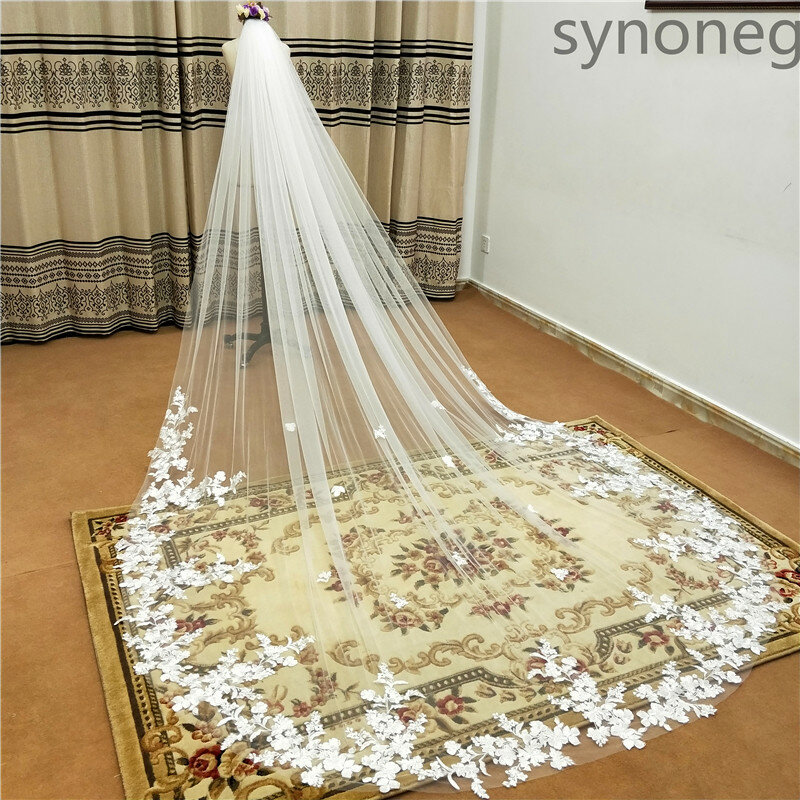 Real Photo 3m.4m.5m One Layer Wedding Veil With Comb White Lace Edge Bridal Veils Ivory Appliqued Cathedral Wedding Veil