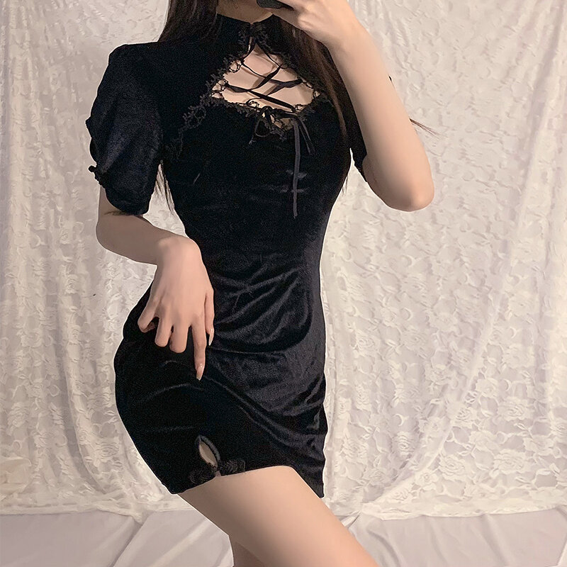 Lingeries odzież dziewczęca w stylu Retro z krótkim rękawem Hem Split Punk aksamitna chińska seksowna spódnica Cheongsam wysoka wyszczuplająca talia sukienka