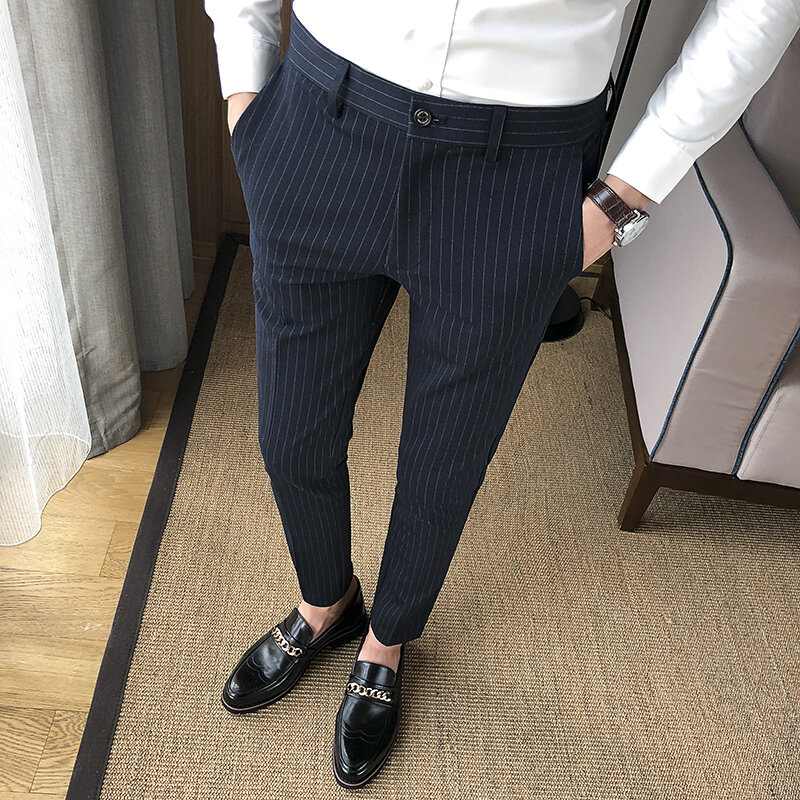 Calça social masculina de alta qualidade, calça casual listrada estilo britânico com calças 28-36, novo, 2021