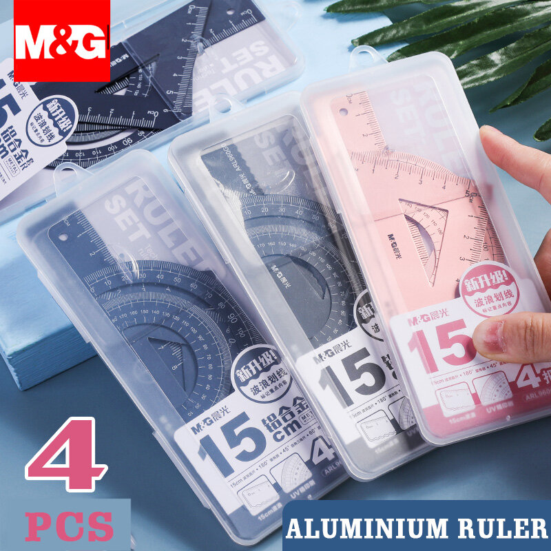 Juego de reglas de aluminio M & G para la escuela, regla de Metal/plástico/matemáticas geométricas suaves, brújula de dibujo, papelería, reglas matemáticas, 4 unids/set por juego